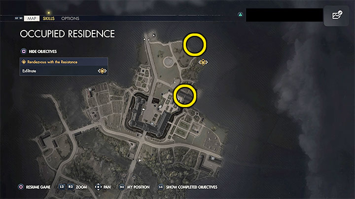 Achten Sie auf Ihrem Weg zum Ausgang der Karte auf die beiden im Bild oben markierten Bereiche – Sniper Elite 5: Evakuierung (Mission 2) – Walkthrough – Mission 2 – Besetzte Residenz – Sniper Elite 5 Guide, Walkthrough