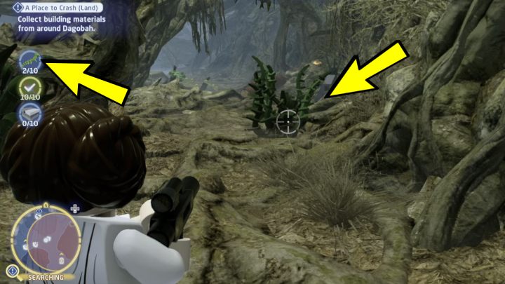 Sie können die Pflanzen von den beschädigten grünen Büschen pflücken, die auf dem Boden wachsen - LEGO Skywalker Saga: A Place to Crash Land - Walkthrough - Dagobah - Dragonlance Swamp - LEGO Skywalker Saga Guide