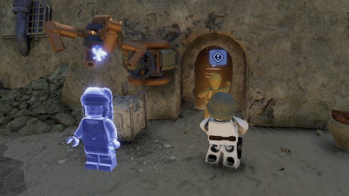 Der erste Zeuge befindet sich im Haus in der Nähe des Sturmtrupplers, der Sie mit der Untersuchung beauftragt hat - LEGO Skywalker Saga: Ma Klounkee Most Foul - Komplettlösung, Beschreibung - Tatooine - Mos Eisley - LEGO Skywalker Saga Guide