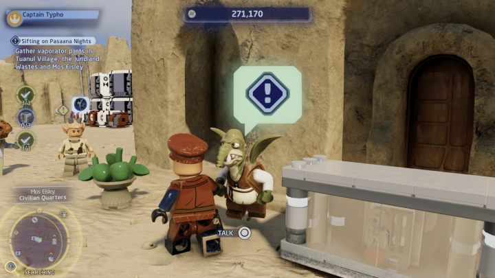 Fliege nach Tatooine nach Mos Eisley und kaufe 3 Teile für 6.500 Nieten beim Händler im Suchbereich - LEGO Skywalker Saga: Sifting on Pasaana Nights - Walkthrough - Pasaana - Forbidden Valley - LEGO Skywalker Saga Guide