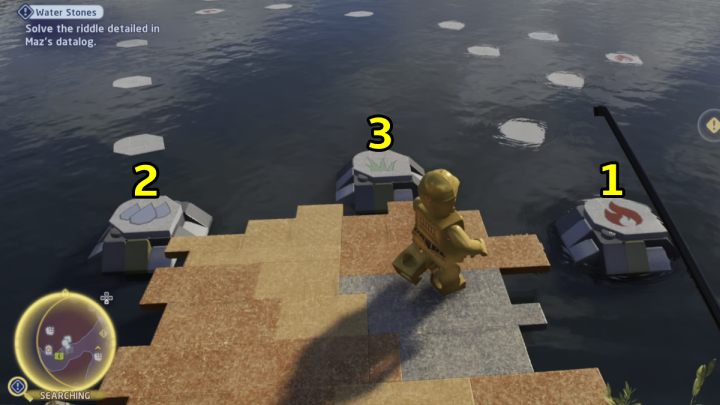 Gehen Sie zum Suchbereich und zu den Steinplattformen, die aus dem Wasser ragen - LEGO Skywalker Saga: Wassersteine ​​- Komplettlösung - Takodana - Schloss Maz - LEGO Skywalker Saga Guide