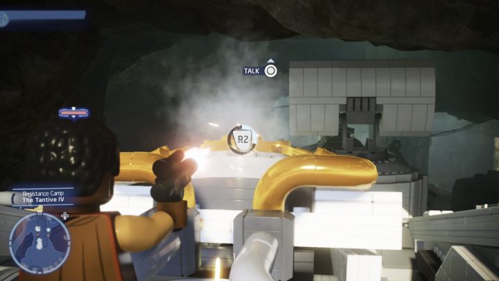 Springe als Bounty Hunter auf das Schiff und schieße 2 Elemente in der Nähe der goldenen Teile des Fahrzeugs ab - LEGO Skywalker Saga: Resistance Camp - Liste aller Rätsel - Ajan Kloss - LEGO Skywalker Saga Guide
