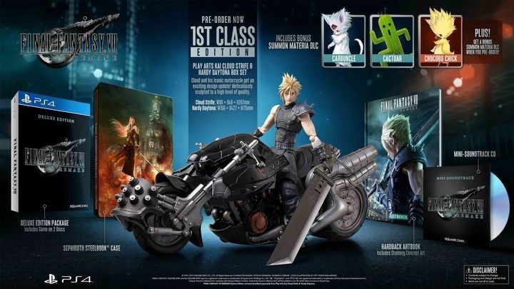 Die 1st Class Edition enthält ein Artbook, eine CD mit dem Soundtrack, ein Steelbook und eine Figur von Cloud Strife und seinem Motorrad – Hardy Daytona – Final Fantasy 7 Remake: Game Editions – Anhang – Final Fantasy 7 Remake Guide