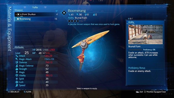 Boomerang hat im Vergleich zu Yuffies Standardwaffe (4-Punkt-Shuriken) ein zusätzliches Materia-Feld und bietet einen Bonus auf Magic Attack, verursacht aber weniger physischen Schaden – Final Fantasy VII Remake Intermission: Boomerang – Ort – Sektor 7: Slums – Final Fantasy 7 Remake Führen