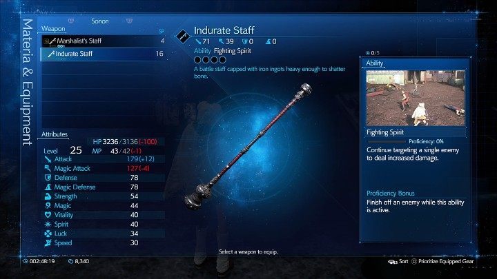 Indurate Staff hat einen zusätzlichen Materia-Raum im Vergleich zu Sonons Basiswaffe (Marschallistenstab) und bietet einen größeren Angriffsbonus, verursacht aber weniger magischen Schaden (Magic Attack) - Final Fantasy VII Remake Intermission: Indurate Staff - Ort - Sektor 7: Slums - Final Fantasy 7 Remake-Leitfaden