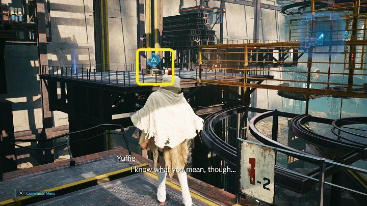 Stellen Sie sich an die im obigen Screenshot gezeigte Stelle und aktivieren Sie denselben Schalter, um das gelbe Geländer zu drehen – Final Fantasy VII Remake Intermission: Elemental Materia – Position – Shipping Facility – Final Fantasy 7 Remake Guide