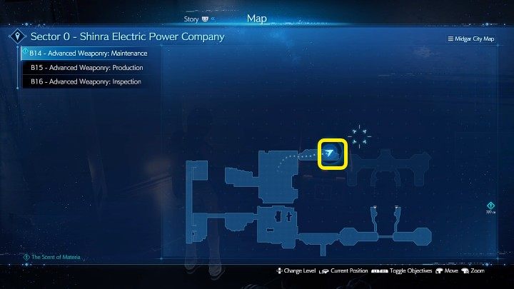 Der Dschinn-Stab befindet sich in dem im obigen Screenshot gezeigten Bereich in Stufe B14 von Fortgeschrittene Waffen (Wartung) – Final Fantasy VII Remake-Unterbrechung: Dschinn-Stab – Ort – Shinra Electric Power Company – Final Fantasy 7 Remake Guide