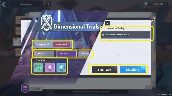 Nachdem Sie die Registerkarte „Dimensionsprüfungen“ aufgerufen haben, wählen Sie zunächst aus, ob Sie am Waffen- oder Matrix-Drill (in der Mitte des Bildschirms links) – Tower of Fantasy: Dimensional Trials – Abenteuer – Tower of Fantasy Guide – teilnehmen möchten