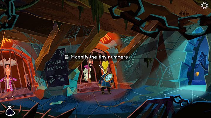 Verwenden Sie das Monokel am Schloss von Otis' Zelle – dadurch erhalten Sie die Seriennummer des Schlosses, die benötigt wird, um einen Duplikatschlüssel zu erstellen – Rückkehr nach Monkey Island: Holen Sie sich einen Mopp – Komplettlösung – Teil 1 – Ein freundlicher Ort - Komplettlösung für die Rückkehr nach Monkey Island
