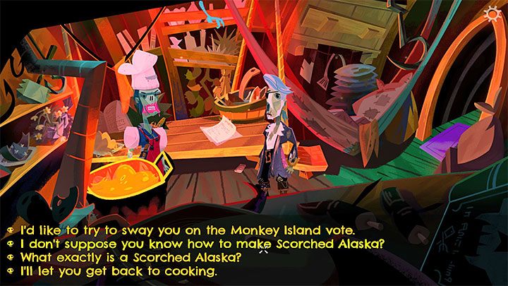 Gehen Sie zurück in die Kombüse und sprechen Sie mit Putra – Rückkehr nach Monkey Island: Holen Sie sich ein einstimmiges Votum – Komplettlösung – Teil 2 – Eine gefährliche Reise – Komplettlösung für die Rückkehr nach Monkey Island