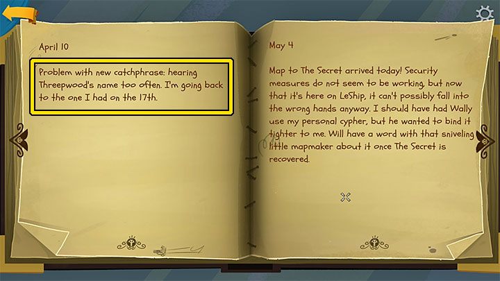 Öffnen Sie das Tagebuch sofort, nachdem Sie es aus dem Inventar ausgewählt haben – nachdem Sie es gelesen haben, müssen Sie LeChucks Lieblingsspruch lernen – Rückkehr nach Monkey Island: Lernen Sie LeChucks Geheimnisse kennen – Komplettlösung – Teil 3 – Rückkehr nach Monkey Island – Rückkehr nach Monkey Island – Komplettlösung