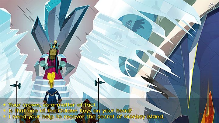 Oben angekommen triffst du die Eiskönigin, die eine Krone mit dem goldenen Schlüssel trägt - Rückkehr nach Monkey Island: Brrr Goldener Schlüssel der Insel Muda - Komplettlösung - Teil 4 - Dinge werden kompliziert - Komplettlösung zur Rückkehr nach Monkey Island