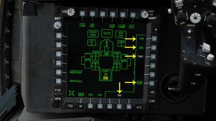 Die Liste der verfügbaren Erfassungsquellen unterscheidet sich je nach Piloten-/CPG-Sitzplatz und aktuell ausgewähltem Visier durch das CPG - DCS AH-64D Apache: Sight Source and Acquisition Source - Systems and Sensors - DCS AH-64 Apache Guide