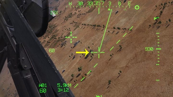 Befindet sich das Acquisition Cued LOS Reticle außerhalb des Sichtfeldes von IHADSS, wird die Richtung dazu durch die kleinen Punkte auf dem LOS Reticle, den sogenannten Cueing Dots, angezeigt - DCS AH-64D Apache: Sight Source and Acquisition Source - Systems and Sensoren - DCS AH-64 Apache Guide