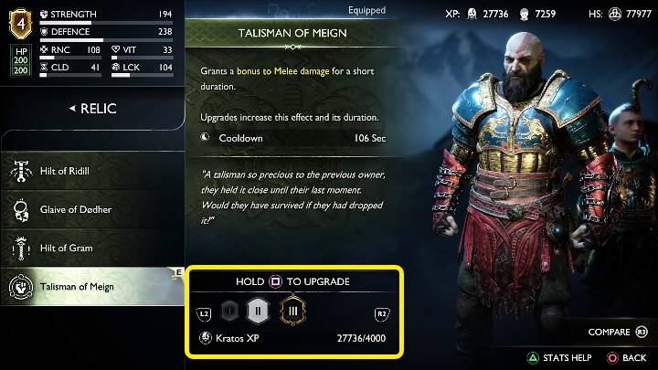 Relikte können mit Kratos Erfahrungspunkten auf maximal Stufe 3 aufgerüstet werden - God of War Ragnarok: Waffen - Grundlagen - God of War Ragnarok Guide