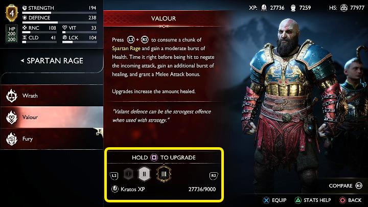 Jede Variante von Spartan Rage kann durch das Ausgeben von Erfahrungspunkten auf maximal Level 3 aufgerüstet werden - God of War Ragnarok: Waffen - Grundlagen - God of War Ragnarok Guide