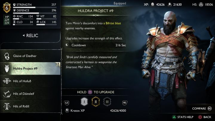 Wenn aktiviert, bringt Huldra Project #9 Mimir dazu, Bifrost-Laser aus seinen Augen abzufeuern - God of War Ragnarok: Relikte und Griffe - Charakterentwicklung - God of War Ragnarok Guide