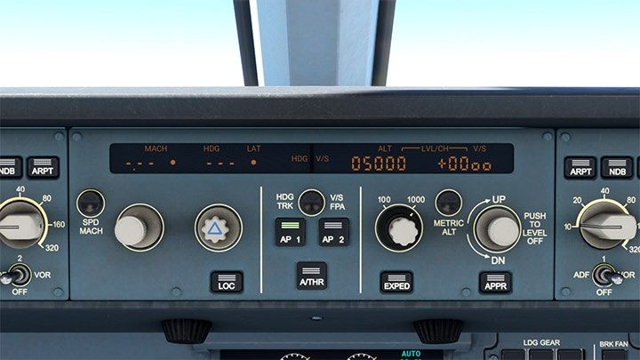 The autopilot panel is located above the main instrument panel of the captain and first officer - Microsoft Flight Simulator: Cockpit of a passenger aircraft - Passenger aircraft - Microsoft Flight Simulator 2020 Guide