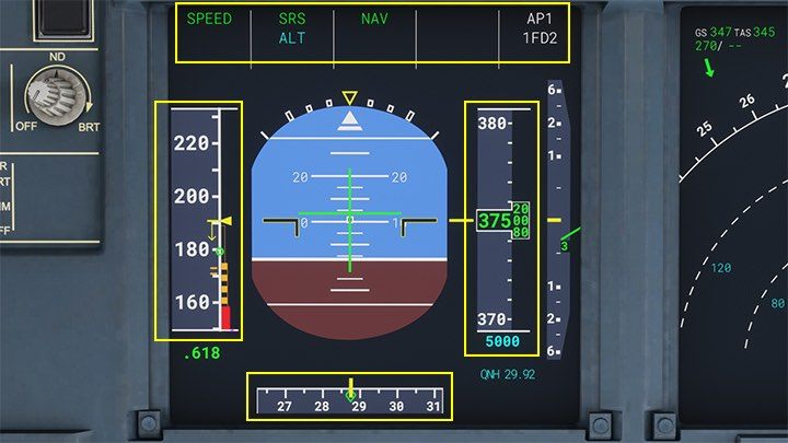 Primary flight display shows the main flight parameters - Microsoft Flight Simulator: Cockpit of a passenger aircraft - Passenger aircraft - Microsoft Flight Simulator 2020 Guide