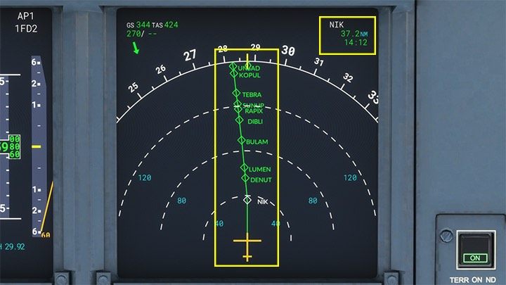 On the ND Navigation Display, the most important is the route of the flight and displayed in the upper right corner of the nearest navigation point with the distance to it - Microsoft Flight Simulator: Cockpit of a passenger aircraft - Passenger aircraft - Microsoft Flight Simulator 2020 Guide