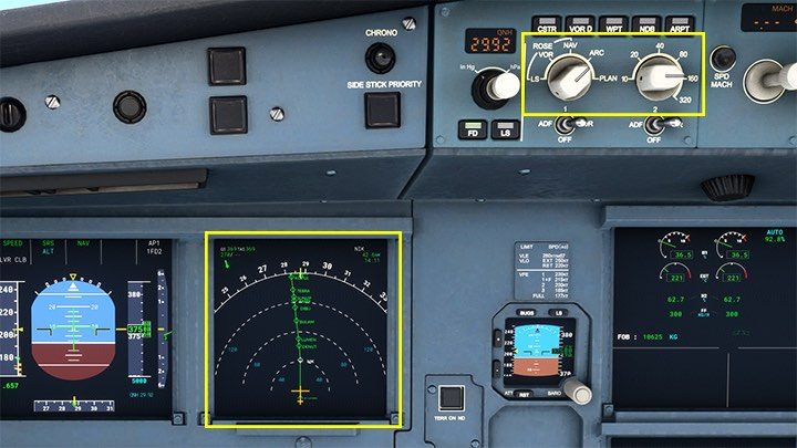 You can change the map mode of the ND screen and the scale in miles by swiping at the top to display larger or smaller sections of the route - Microsoft Flight Simulator: Cockpit of a passenger aircraft - Passenger aircraft - Microsoft Flight Simulator 2020 Guide
