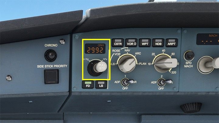 A very important element is the altimeter barometric pressure setting knob - Microsoft Flight Simulator: Cockpit of a passenger aircraft - Passenger aircraft - Microsoft Flight Simulator 2020 Guide