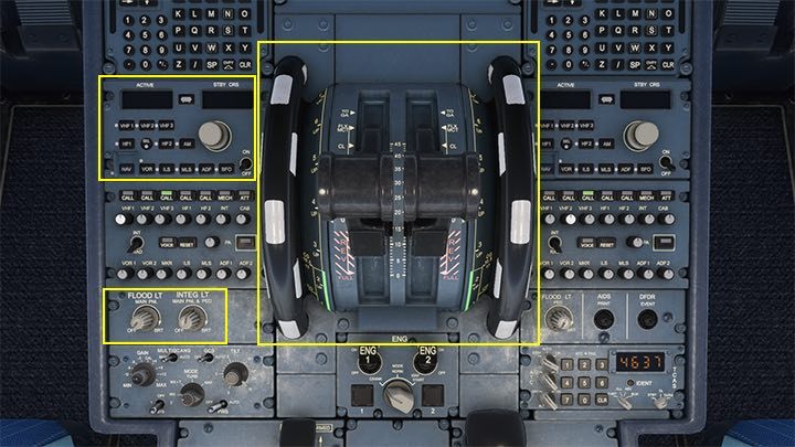 In the center, there is a throttle regulating the power of the engines - during the flight it can be operated automatically by the autopilot - Microsoft Flight Simulator: Cockpit of a passenger aircraft - Passenger aircraft - Microsoft Flight Simulator 2020 Guide