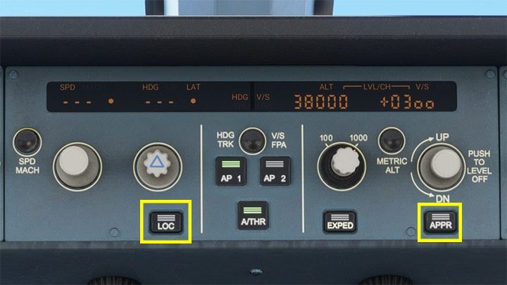 Die Schaltflächen LOC (localiser) und APPR (Approach) werden kurz vor dem automatischen Landeanflug verwendet – Microsoft Flight Simulator: Autopilot in einem Passagierflugzeug – Passagierflugzeug – Microsoft Flight Simulator 2020 Guide
