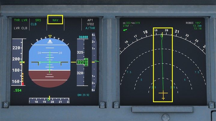 Der Autopilot wird durch die leuchtend grüne Aufschrift NAV auf dem PFD-Bildschirm angezeigt - Microsoft Flight Simulator: Autopilot in einem Passagierflugzeug - Passagierflugzeug - Microsoft Flight Simulator 2020 Guide
