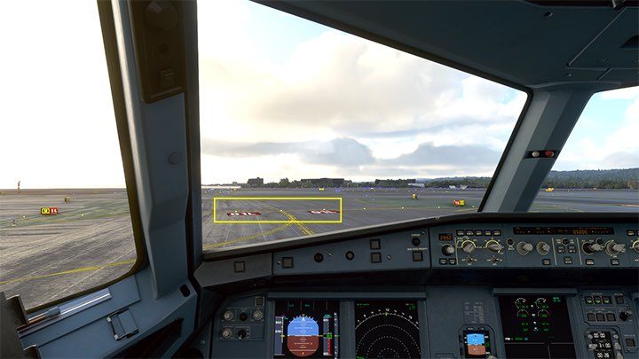Halten Sie kurz vor der Einfahrt in die Fahrspur an, bei der es sich um eine dickere Linie mit einem weiß-roten Fahrspurcode handelt – Microsoft Flight Simulator: Rollen und Starten eines Passagierflugzeugs – Beispielflug – Leitfaden für Microsoft Flight Simulator 2020