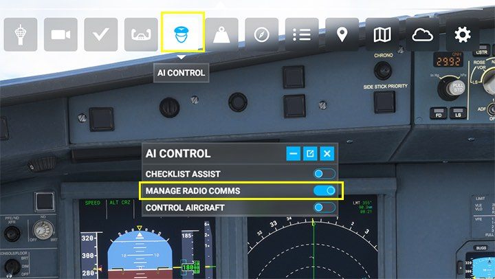 Dies ist ein guter Zeitpunkt, um AI CONTROL-Funktionen aus der Symbolleiste auszuwählen und Funkkommunikation dorthin zu übertragen (Manage Radio Comms) - ansonsten müssen Sie hin und wieder verschiedene Nachrichten bestätigen - Microsoft Flight Simulator: Rollen und Abheben eines Passagiers Flugzeug – Beispielflug – Microsoft Flight Simulator 2020 Guide