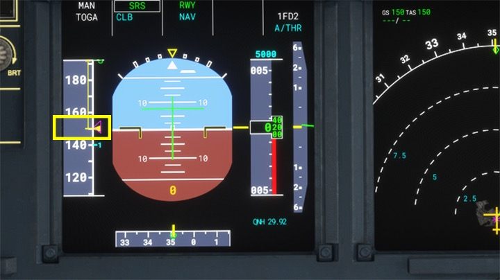 Das rosafarbene Dreieck auf der Geschwindigkeitsanzeige zeigt die berechnete Geschwindigkeit des Computers Vr an, d. h. zum Abheben – Microsoft Flight Simulator: Rollen und Abheben eines Passagierflugzeugs – Beispielflug – Microsoft Flight Simulator 2020 Guide