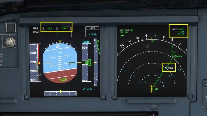 Der korrekte Betrieb des Autopiloten wird durch die NAV- und CLB (Climb)-Meldungen auf dem PFD-Monitor und die Tatsache bestätigt, dass das Flugzeug begann, sich zum nächsten Navigationspunkt zu drehen - Microsoft Flight Simulator: Rollen und Abheben eines Passagierflugzeugs - Beispielflug – Microsoft Flight Simulator 2020 Guide