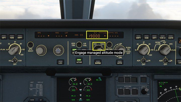 Stellen Sie im Autopilot-Bereich die Höhenskala auf 19000 ein und drücken Sie dann auf Managed Altitude aktivieren – Microsoft Flight Simulator: Rollen und Abheben eines Passagierflugzeugs – Beispielflug – Microsoft Flight Simulator 2020 Guide
