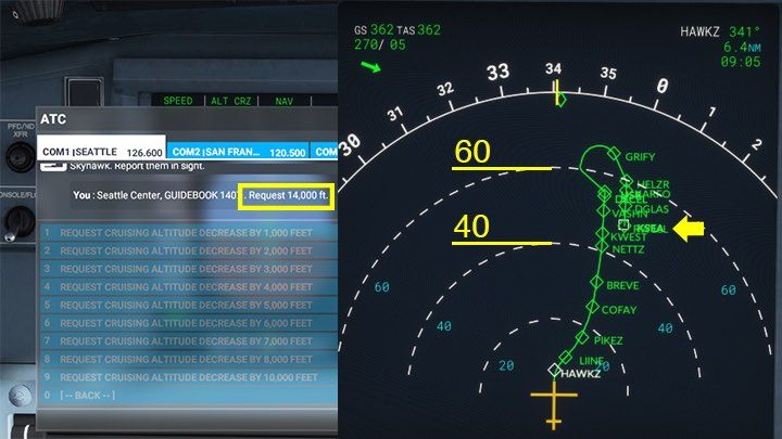 In unserem Beispielflug fliegt das Flugzeug in der Höhe von FL180, was 18.000 Fuß entspricht – Microsoft Flight Simulator: Wann soll der Abstieg beginnen?  - Beispielflug - Microsoft Flight Simulator 2020 Guide
