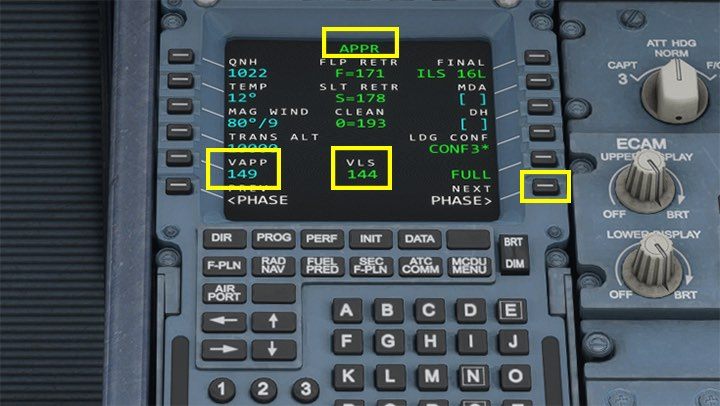 Click Next Phase on MCDU up to the landing approach screen APPR to check the flight computers calculated landing speed - Microsoft Flight Simulator: ILS landing - Passenger aircraft - Example flight - Microsoft Flight Simulator 2020 Guide