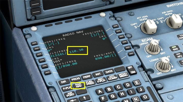 In the NAV SERIES tab of MCDU, verify that the system frequency is ILS for the selected landing runway - Microsoft Flight Simulator: ILS landing - Passenger aircraft - Example flight - Microsoft Flight Simulator 2020 Guide
