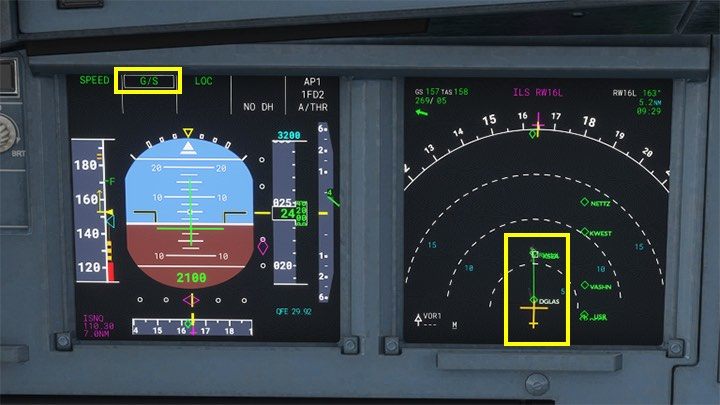 Just before the last navigation point - DGLAS the aircraft intercepted the ILS signal and began descent along the glide slope - Microsoft Flight Simulator: ILS landing - Passenger aircraft - Example flight - Microsoft Flight Simulator 2020 Guide