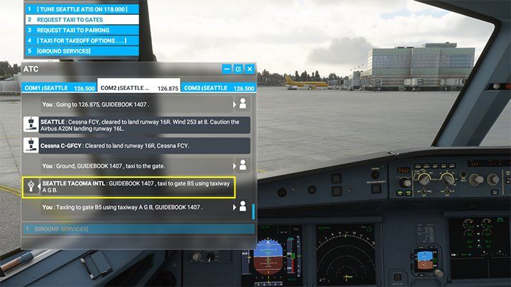 Optionally, you can ask the controller to designate a parking space and taxiways, but without an airport map, finding them can be difficult - Microsoft Flight Simulator: ILS landing - Passenger aircraft - Example flight - Microsoft Flight Simulator 2020 Guide