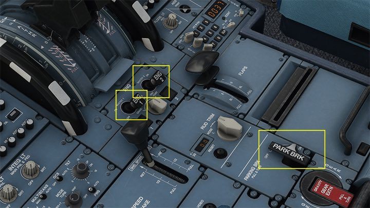 It remains only to tighten the parking brake PARK BRK and shut down the engines by pointing both levers down - Microsoft Flight Simulator: ILS landing - Passenger aircraft - Example flight - Microsoft Flight Simulator 2020 Guide
