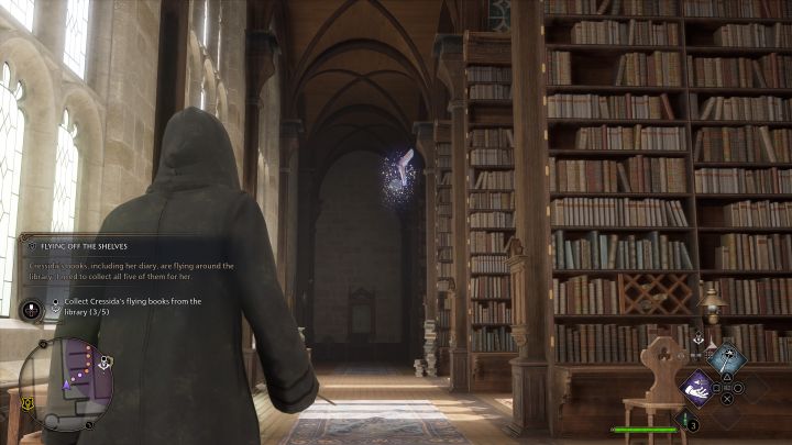 Verwenden Sie den Kompass, um den Eingang zur zweistöckigen Bibliothek zu finden – Sie können die Wendeltreppe verwenden, um zwischen den Stockwerken zu reisen – Hogwarts Legacy: Flying Off the Shelves – Nebenquests – Hogwarts – Hogwarts Legacy Guide