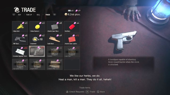 Es ist eine Pistole, die eine Reihe von 3 Kugeln abschießen kann (muss mit dem Stock-Upgrade kombiniert werden) - Resident Evil 4 Remake: Liste aller Waffen - Grundlagen - Resident Evil 4 Remake Guide