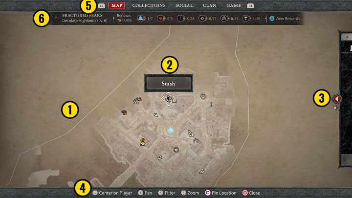 1) Nebel des Krieges – Sie müssen zuerst dorthin gelangen, um diesen Teil der Karte freizulegen – Diablo 4: Benutzeroberfläche – Grundlagen – Diablo 4-Leitfaden