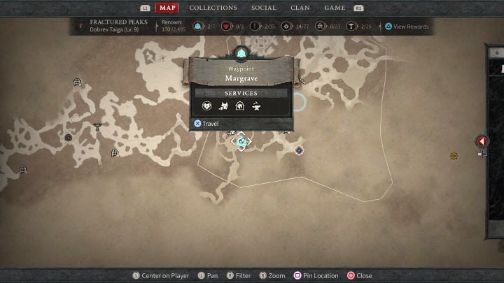 Nachdem Sie mit einem Wegpunkt interagiert haben, wählen Sie einen anderen aus den auf der Weltkarte sichtbaren aus - Diablo 4: Wie nutzt man schnelles Reisen?  - Häufig gestellte Fragen - Diablo 4-Leitfaden
