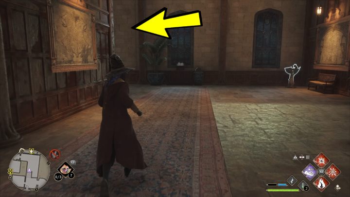 Wenn Sie ein großes Gemälde mit einer Karte erreichen, biegen Sie rechts ab und gehen Sie die Treppe hinunter – Hogwarts Legacy: Demiguise Statues – Hogwarts – Hogwarts – Hogwarts Legacy Guide