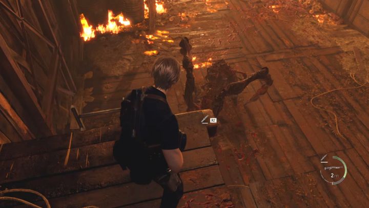 Wenn Mendez' Auge geschwächt wird, fällt der Boss zu Boden, und Sie müssen nicht von oben herunterkommen - Resident Evil 4 Remake: Wie kann man Boss Mendez besiegen?  - Bosse - Resident Evil 4 Remake-Leitfaden