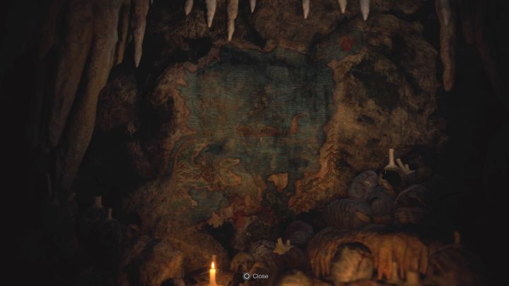 Im nächsten Teil der Höhle finden Sie ein Wandgemälde, das eine Karte des Sees zeigt – Sie werden erfahren, dass Sie den großen Höhlenschrein (südwestlicher Teil des Sees) und den kleinen Höhlenschrein (nordöstlicher Teil des Sees) besuchen müssen. - Resident Evil 4 Remake: Erwerb des Kirchenschlüssel-Puzzles (Kapitel 4).  - Rätsellösungen - Resident Evil 4 Remake Guide