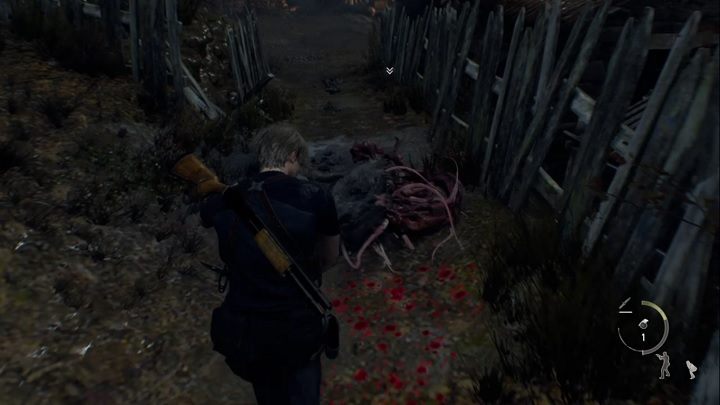 Nachdem er einer Blitzgranate ausgesetzt wurde, windet sich der Hund auf dem Boden – dies ist der Moment, um schnell auf ihn zuzulaufen und ihn mit einem Messer anzugreifen – Resident Evil 4 Remake: A Savage Mutt – Requests – Resident Evil 4 Remake Guide