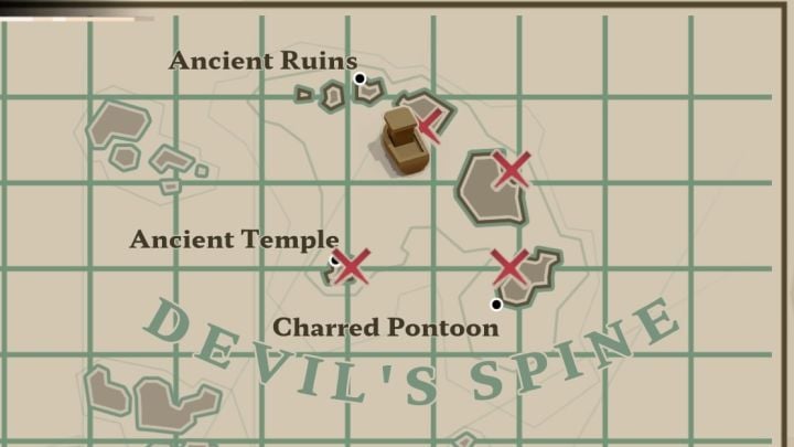 Diese Platte ist das nördlichste X auf der Karte, das den Uralten Ruinen am nächsten ist - Dredge: Flames of the Deep - Pursuits - Dredge Guide