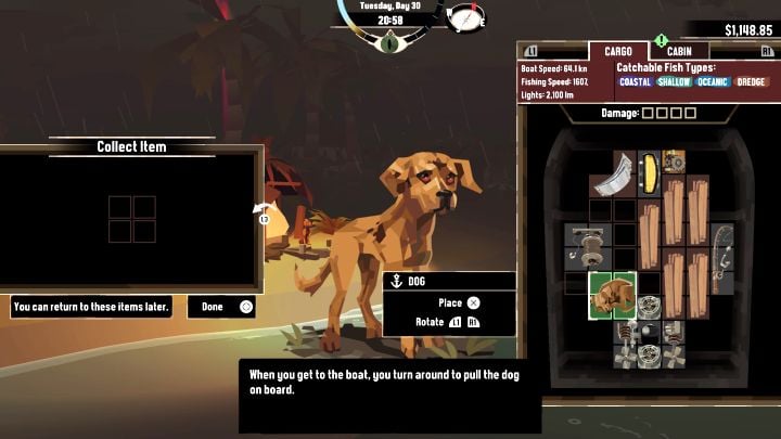 Du musst 2x2 freie Slots haben, um den Hund mitzunehmen - Dredge: Lost Dog - Pursuits - Dredge Guide